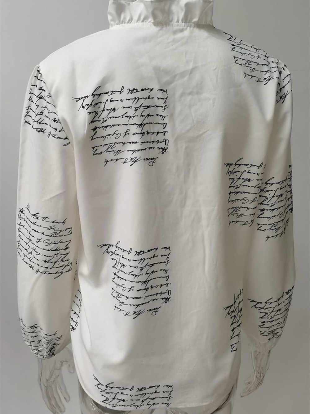 Women’s White Script Ruffle Button-Up Blouse - Picture 3 of 5